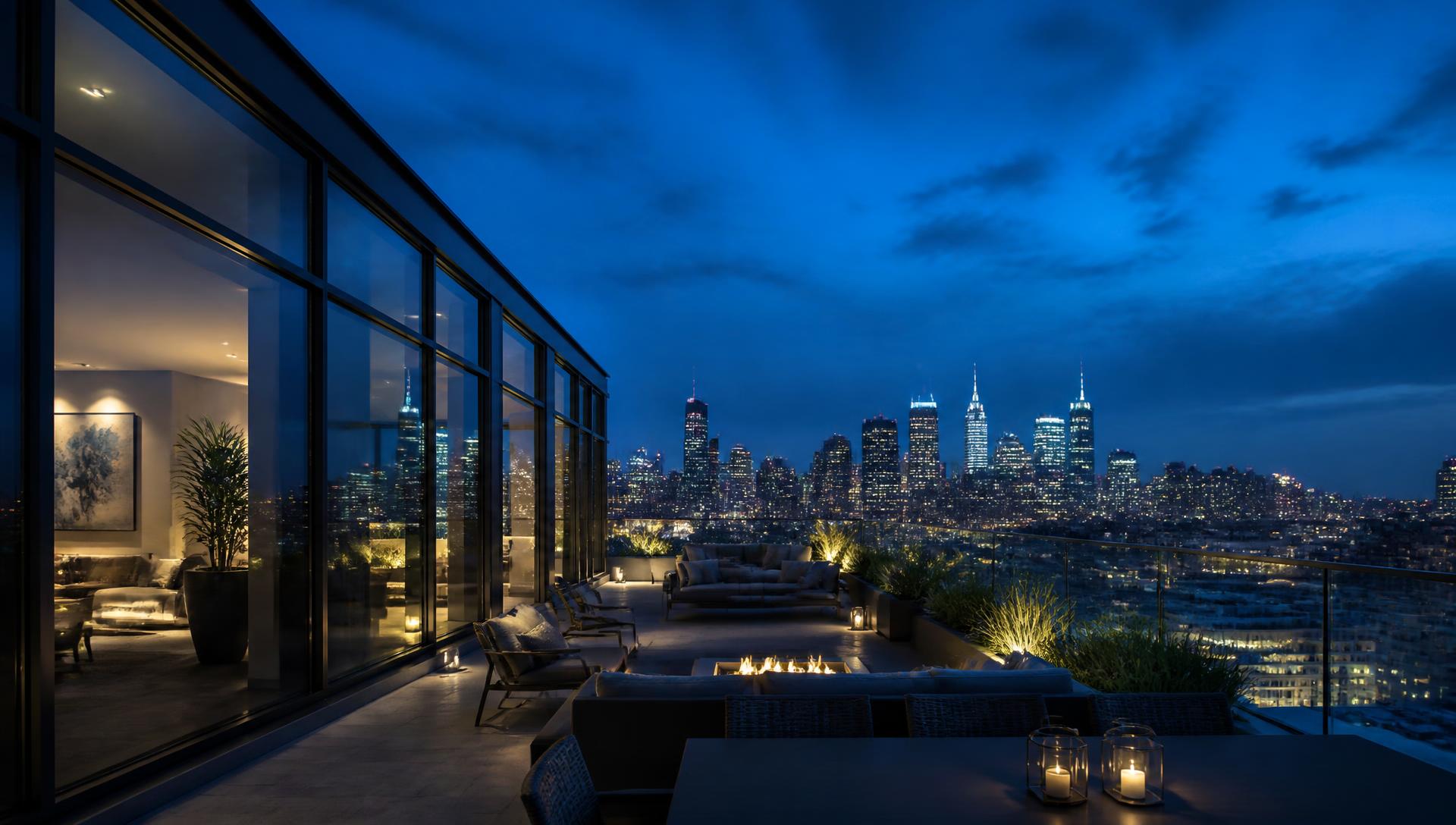 Glass penthouse terrace overlooking a city skyline at blue hour