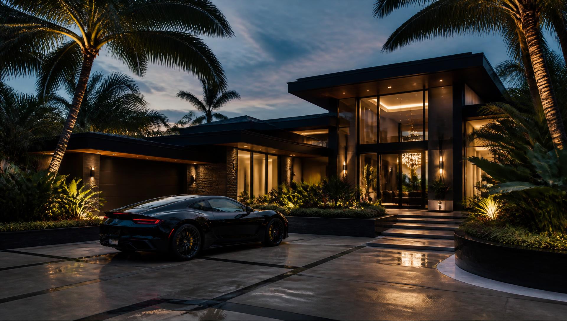 Luxury modern villa at dusk with a black sports car in the driveway