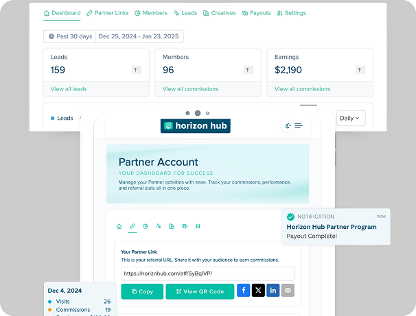 Horizon Hub partner dashboard with referral link and commissions