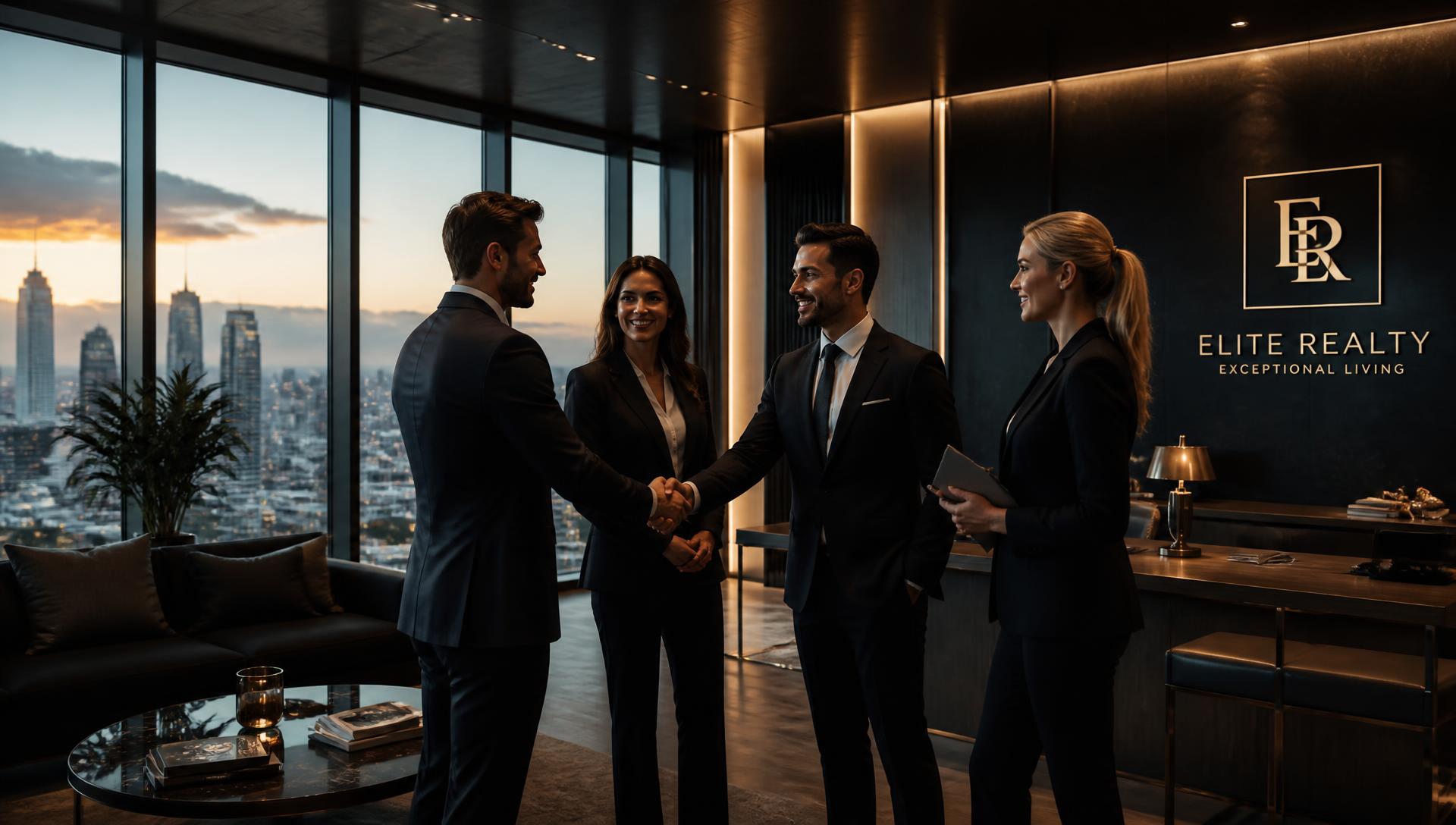 Real estate professionals shaking hands in a modern high-rise office